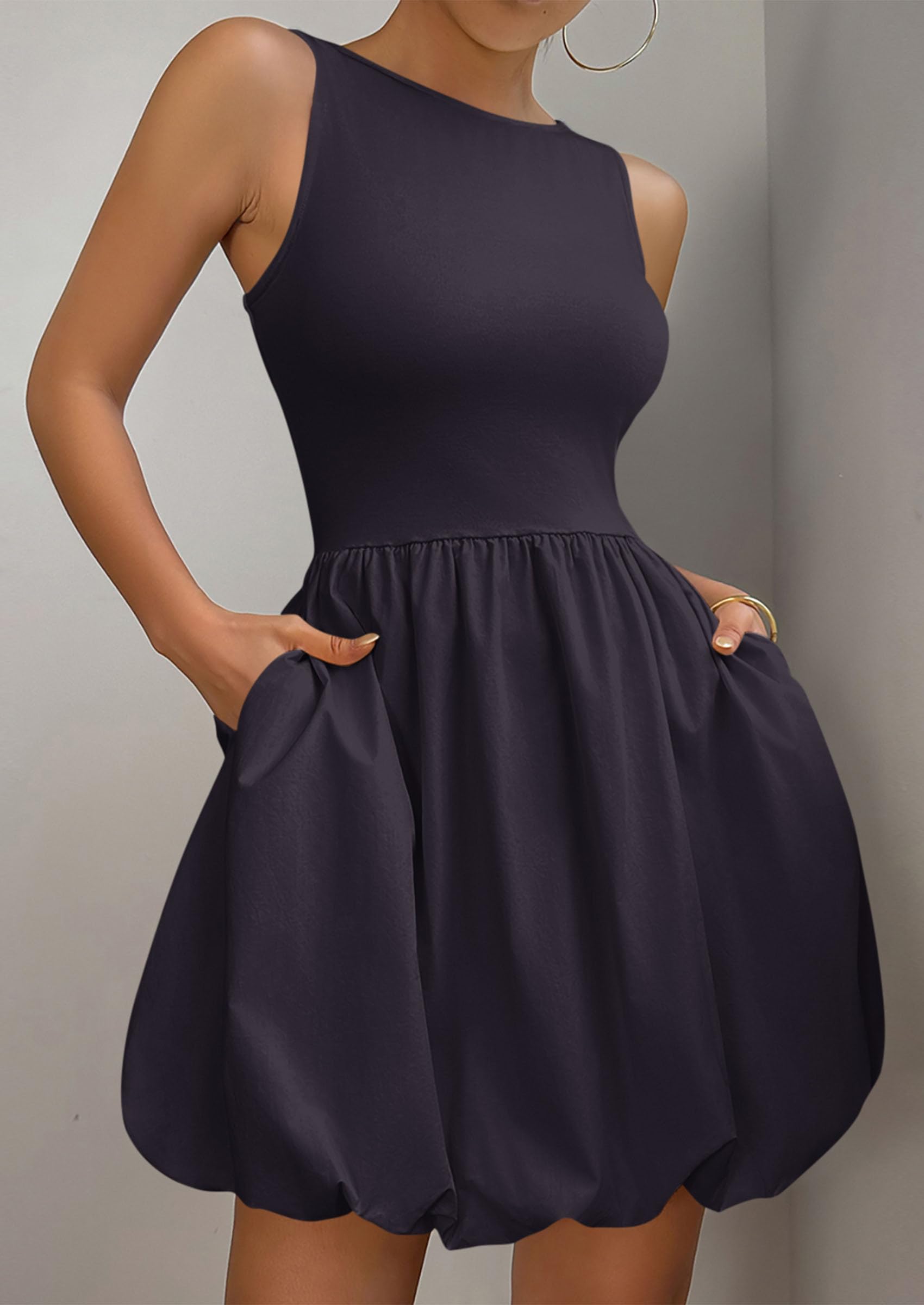 PRETTYGARDEN Summer Dresses for Women Casual Sleeveless Tank Mini Short Dress Crew Neck Bubble Sundress with Pockets