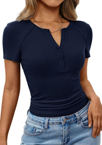 PRETTYGARDEN Womens Summer Short Sleeve Tops 2026 Spring Casual V Neck Henley Button Up T Shirts Dressy Ribbed Knit Blouses PRETTYGARDEN