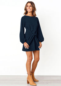 PRETTYGARDEN Womens Fall Elegant Long Lantern Sleeve Short Dress Wedding Guest Crewneck Tie Waist Knit Cocktail Dresses PRETTYGARDEN