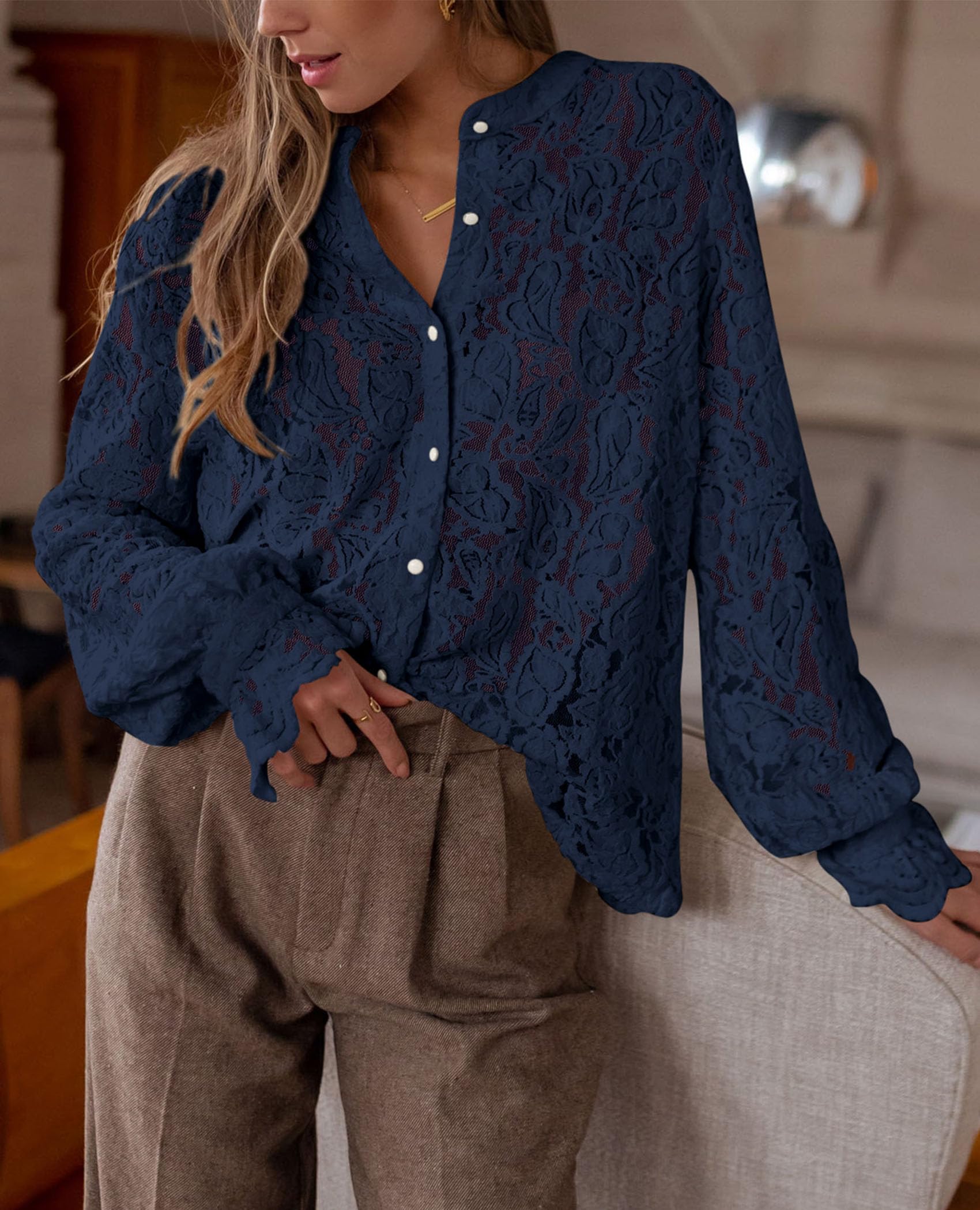 PRETTYGARDEN Women's Dressy Casual Lace Blouse Long Sleeve Button Up Shirts Tops Spring Fall Fashion Clothes