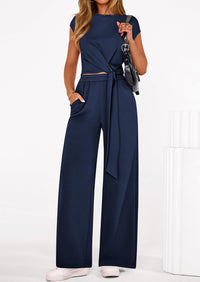 PRETTYGARDEN 2 Piece Matching Lounge Sets For Women Summer Short Sleeve Tie Front Crop Tops Casual Wide Leg Pants Tracksuit PRETTYGARDEN
