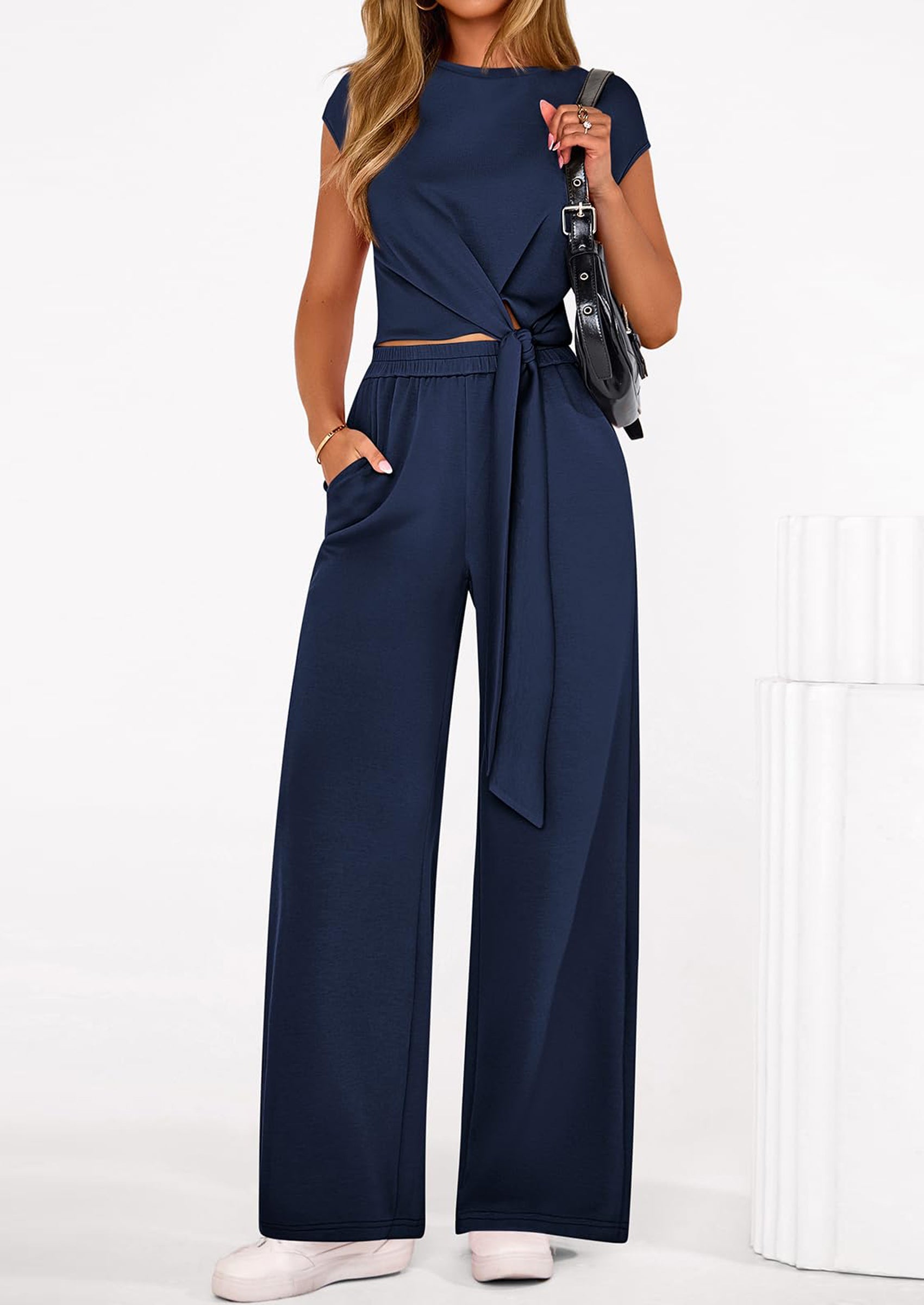 PRETTYGARDEN 2 Piece Matching Lounge Sets For Women Summer Short Sleeve Tie Front Crop Tops Casual Wide Leg Pants Tracksuit PRETTYGARDEN