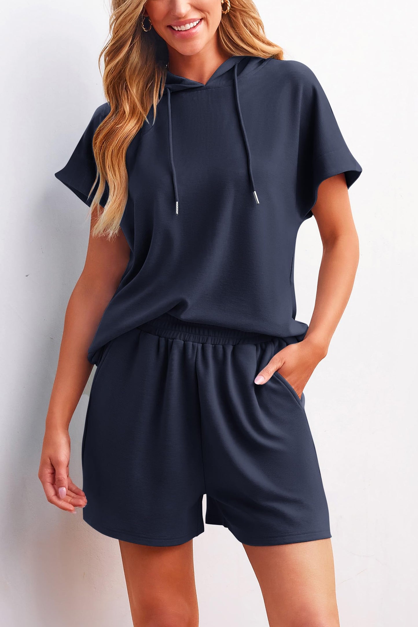 Cap Sleeve Hoodie Tops And Lounge Shorts Sweatsuit Set