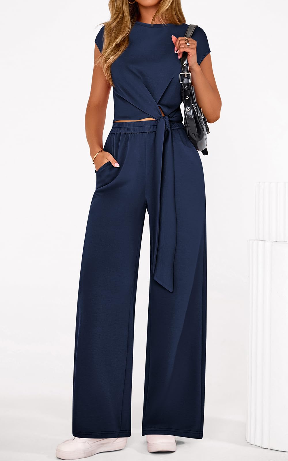 PRETTYGARDEN 2 Piece Matching Lounge Sets For Women Summer Short Sleeve Tie Front Crop Tops Casual Wide Leg Pants Tracksuit PRETTYGARDEN