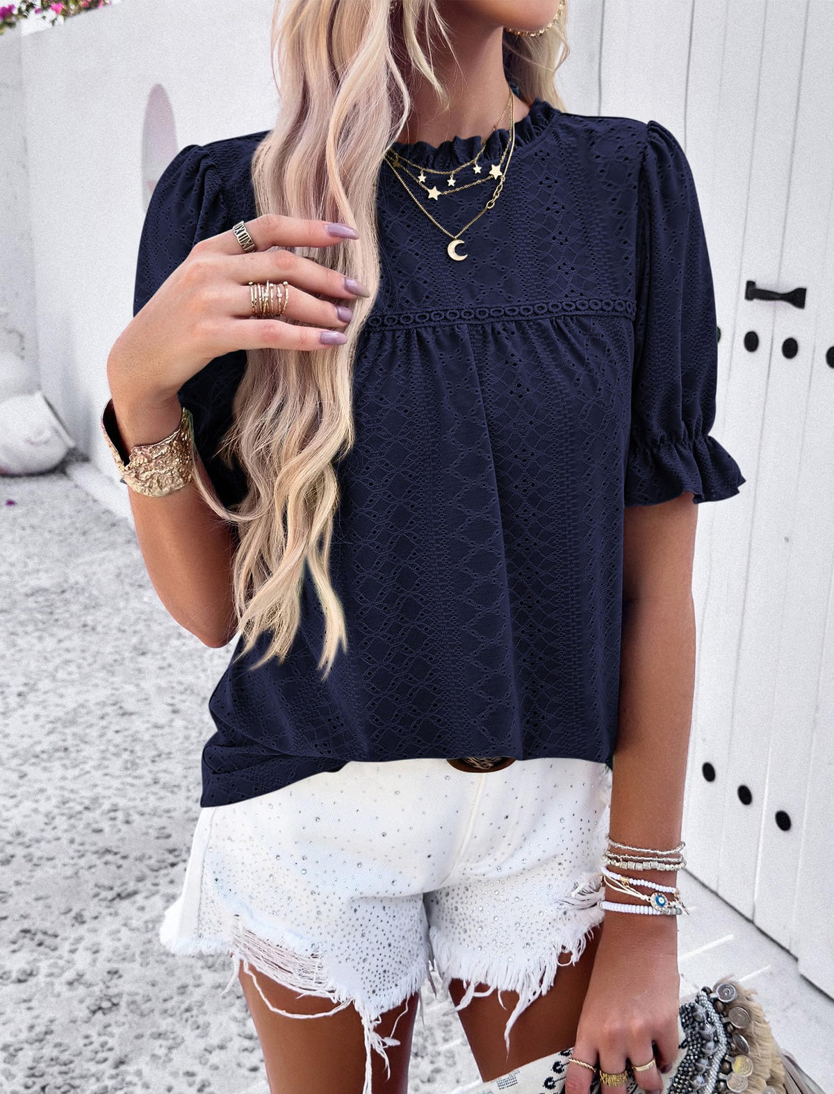 Casual Crew Neck Ruffle Short Sleeve Eyelet Babydoll Blouse