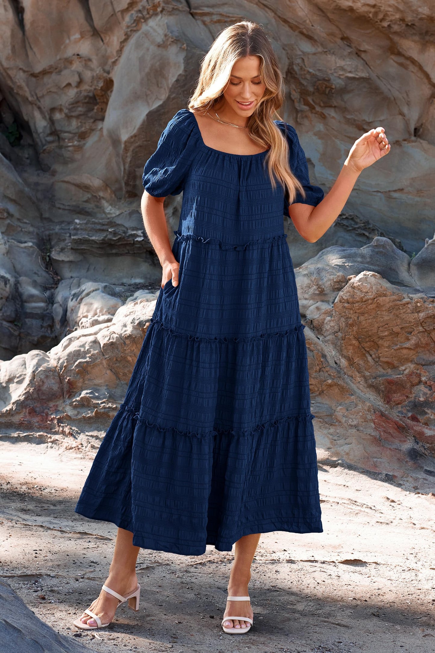 Casual Maxi Dresses Summer Short Sleeve Off The Shoulder Ruffle Tiered Flowy Boho Party Beach Long Dress