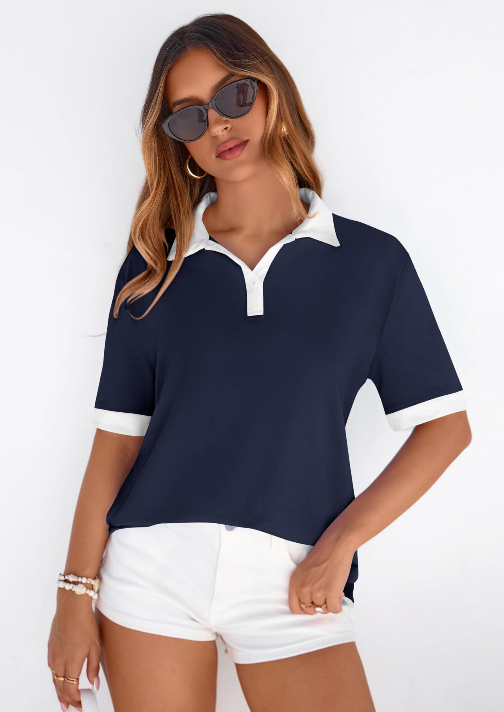 PRETTYGARDEN Summer Short Sleeve Polo Shirts for Women Collared V Neck Work Dressy Tops Knit Loose Business Casual Outfits PRETTYGARDEN