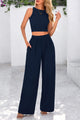 Womens Summer 2 Piece Sets Ribbed Knit Crew Neck Sleeveless Crop Tank Tops Wide Leg Pants Casual Lounge Set