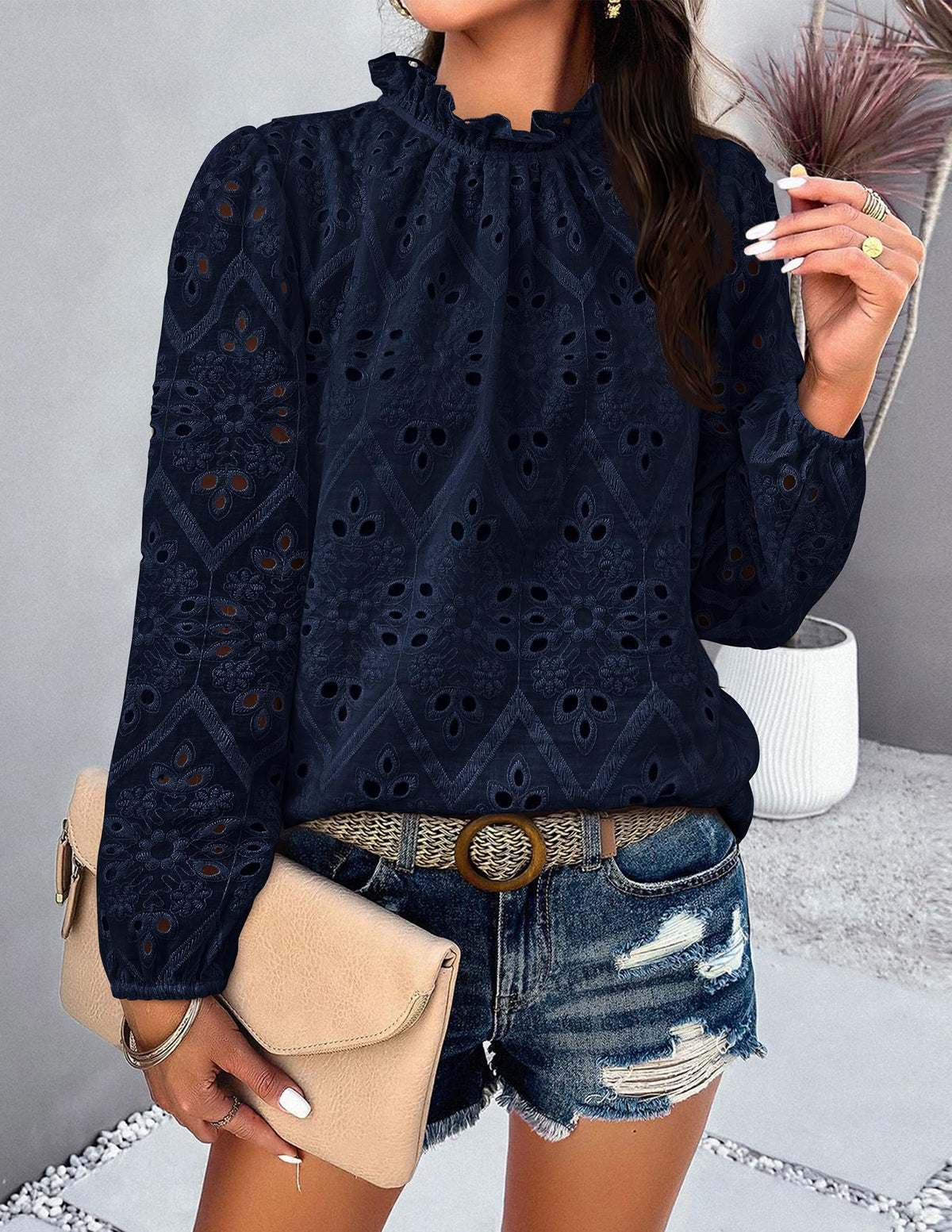 Womens Blouses Dressy Casual Embroidered Long Puff Sleeve Shirts Ruffle Eyelet Lace Top Fall Clothes