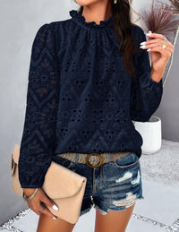 Womens Blouses Dressy Casual Embroidered Long Puff Sleeve Shirts Ruffle Eyelet Lace Top Fall Clothes