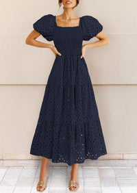 Summer Dresses for Women 2025 Eyelet Square Neck Puff Sleeve Smocked Wedding Guest Maxi Dress with Pockets