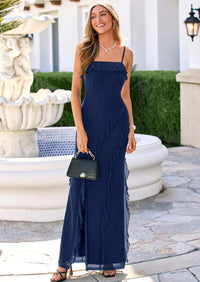 PRETTYGARDEN Women Bodycon Maxi Dress Mesh Ruffle Spaghetti Strap Square Neck Formal Cocktail Wedding Guest Spring Dresses PRETTYGARDEN