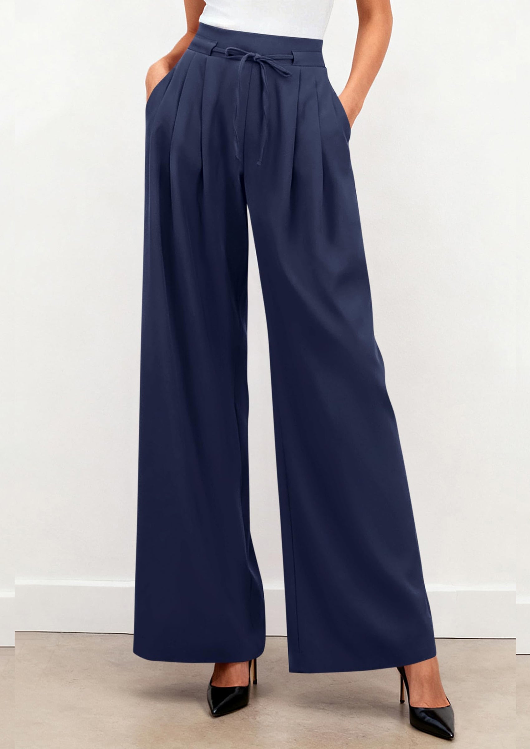 PRETTYGARDEN Women Wide Leg Pants Business Casual Elastic Waist Work Trousers Dressy Pants with Pockets PRETTYGARDEN