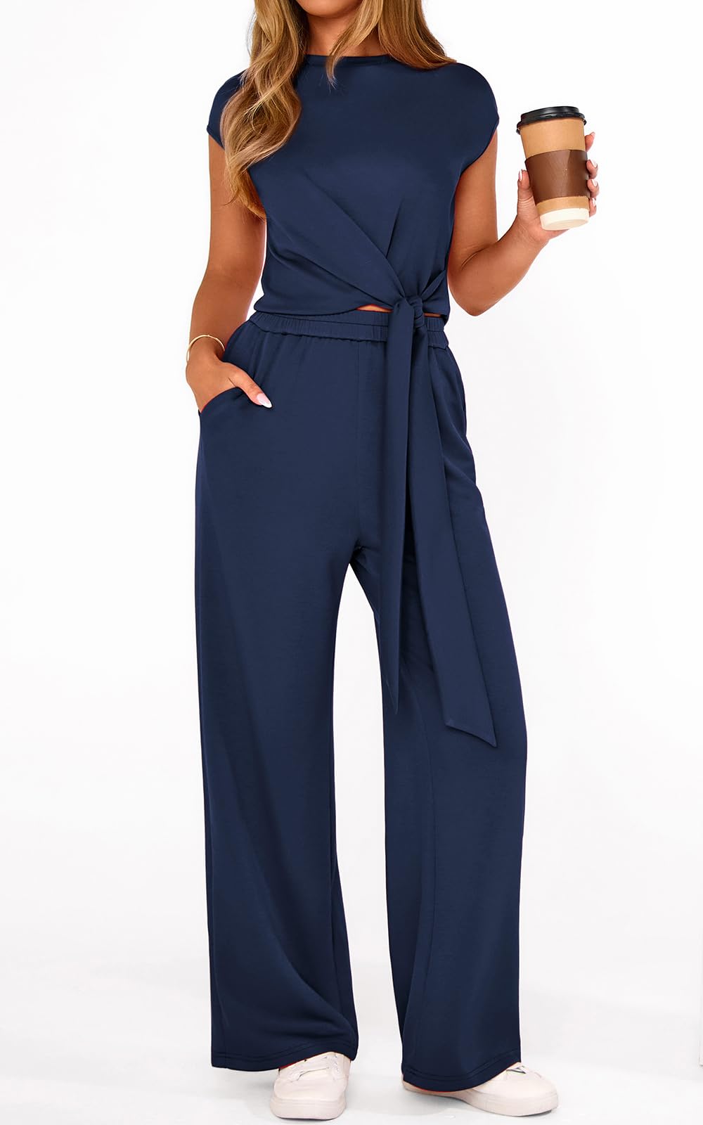 PRETTYGARDEN 2 Piece Matching Lounge Sets For Women Summer Short Sleeve Tie Front Crop Tops Casual Wide Leg Pants Tracksuit PRETTYGARDEN