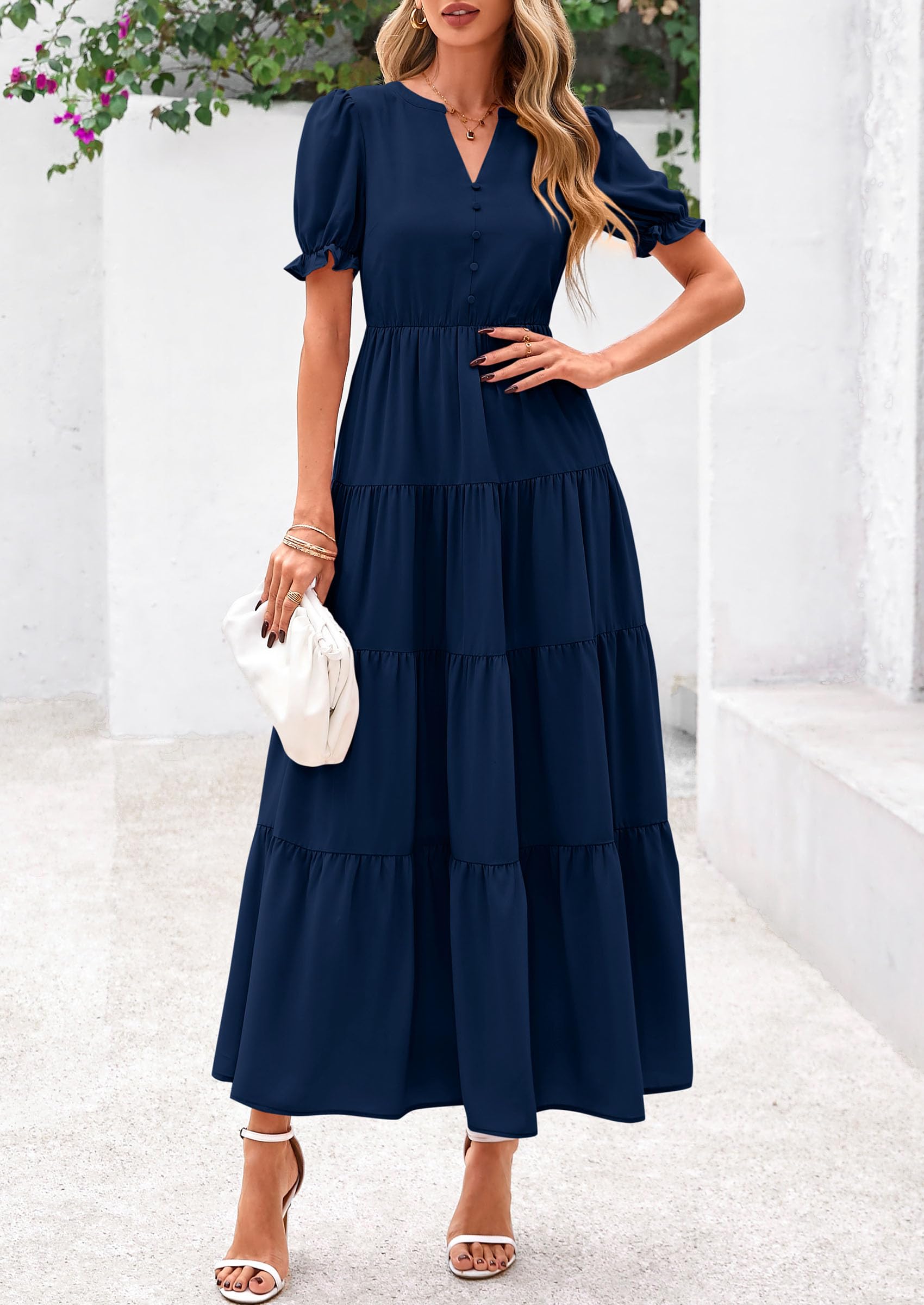 PRETTYGARDEN Women's Casual Short Sleeve V Neck Midi Dresses Spring A-line Tiered Wedding Guest Dress