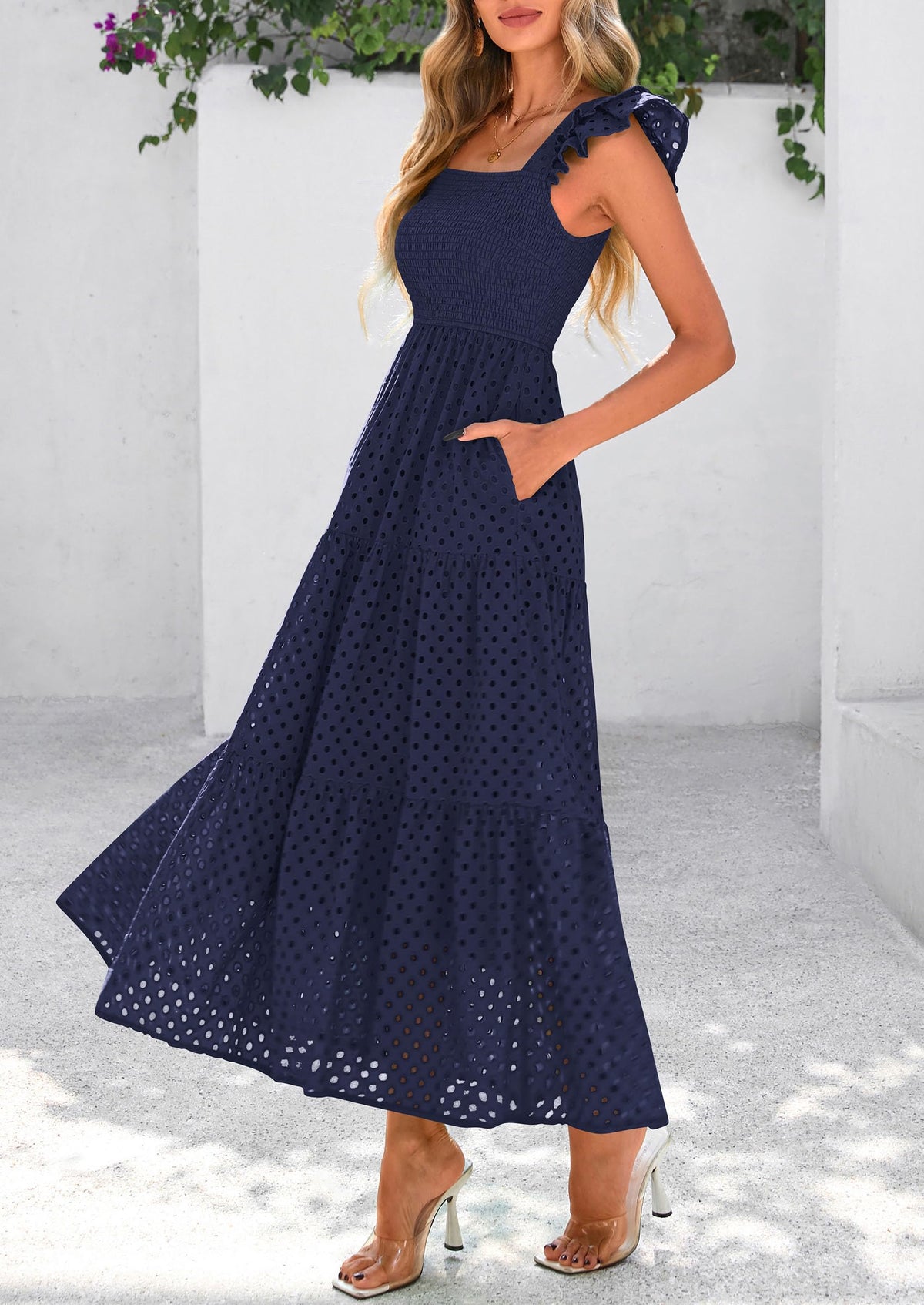 Womens Summer Square Neck Maxi Dresses Cap Sleeve Eyelet Smocked Tiered A Line Flowy Long Dress with Pockets