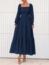 BTFBM Women Maxi Fall Dresses Long Sleeve Solid Color Square Neck Smocked Boho Long Wedding Guest Dress