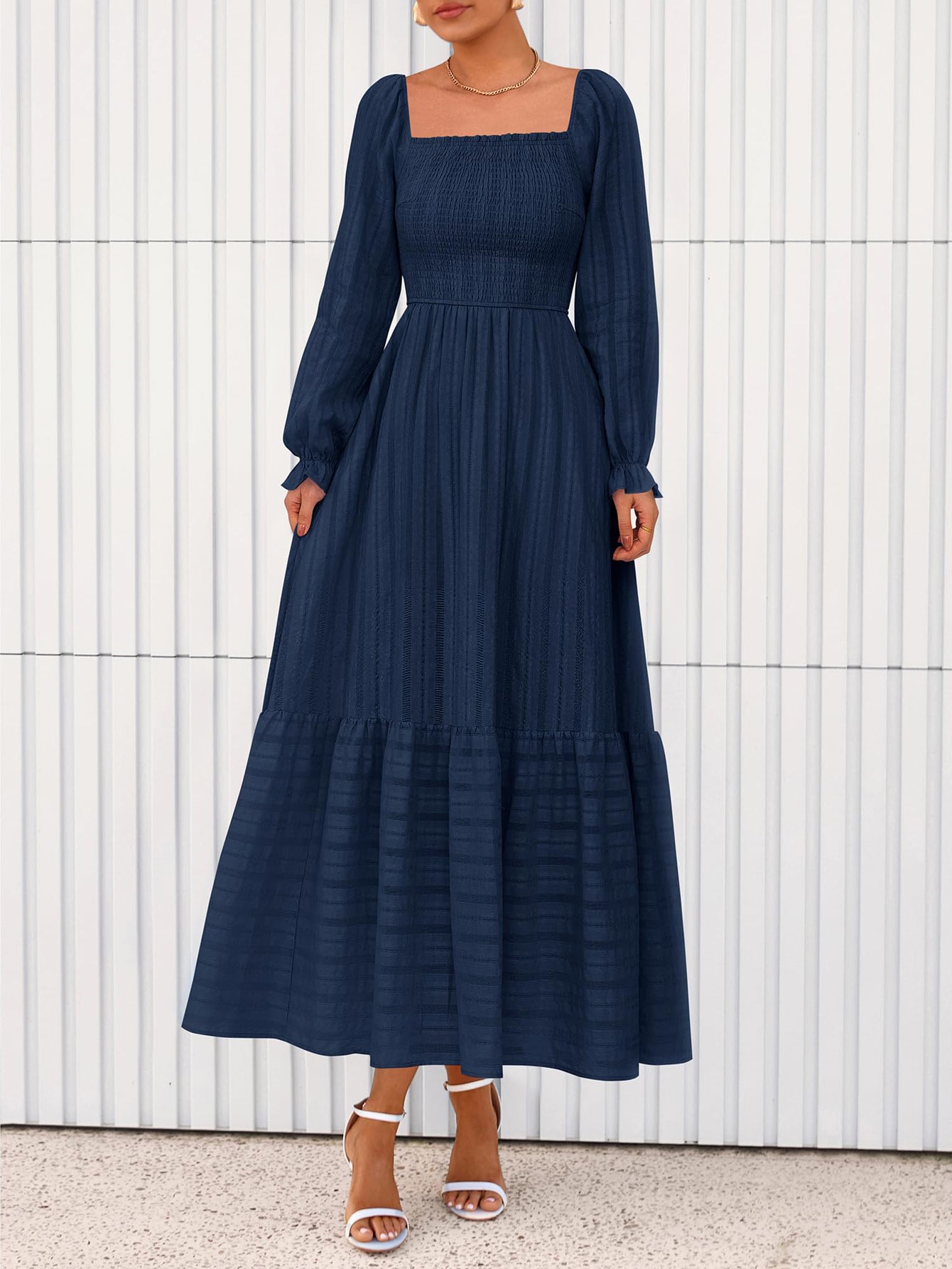 BTFBM Women Maxi Fall Dresses Long Sleeve Solid Color Square Neck Smocked Boho Long Wedding Guest Dress