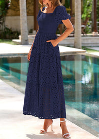 PRETTYGARDEN Dresses for Women Eyelet Square Neck Puff Sleeve Smocked Wedding Guest Maxi Dress with Pockets