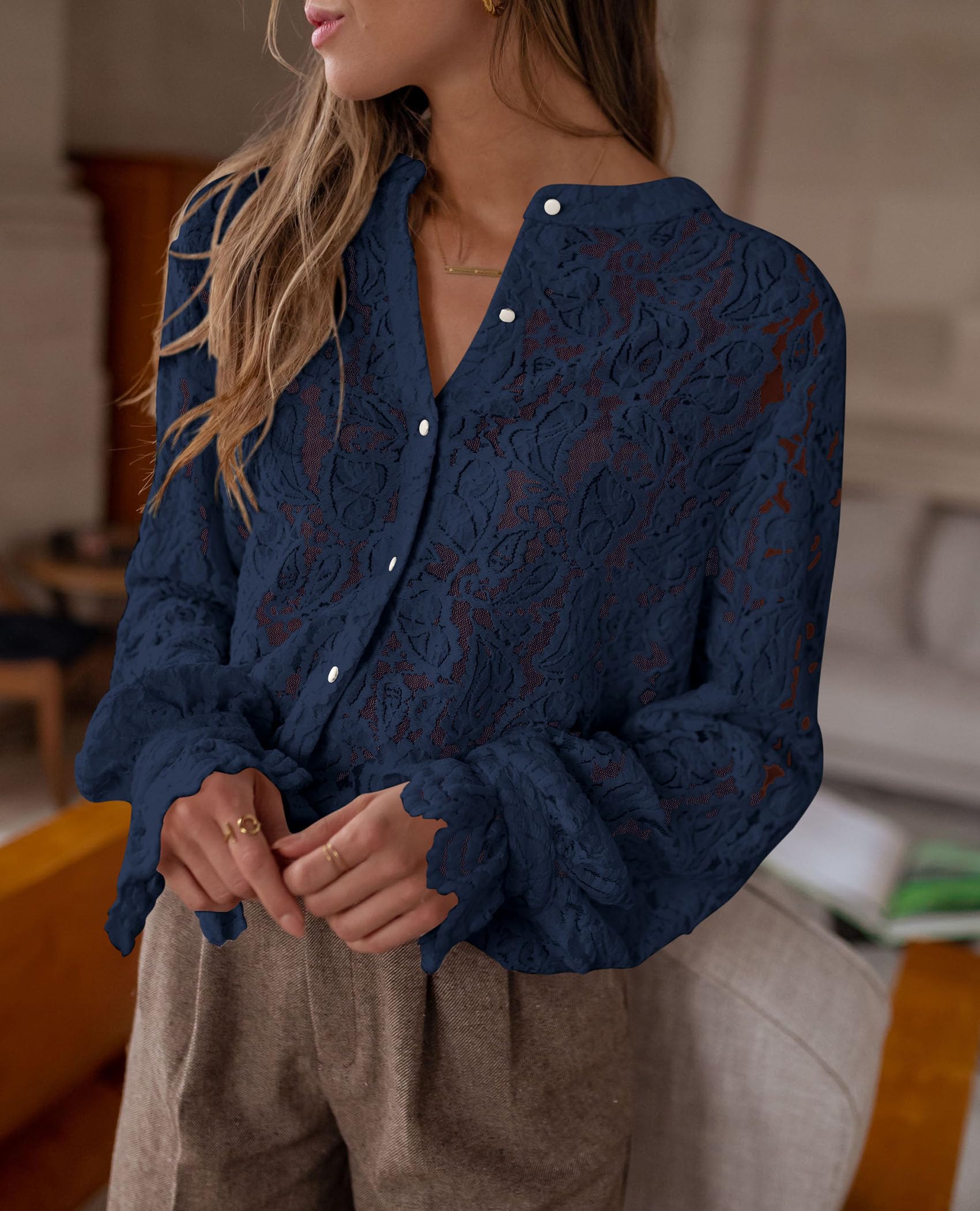 PRETTYGARDEN Women's Dressy Casual Lace Blouse Long Sleeve Button Up Shirts Tops Spring Fall Fashion Clothes