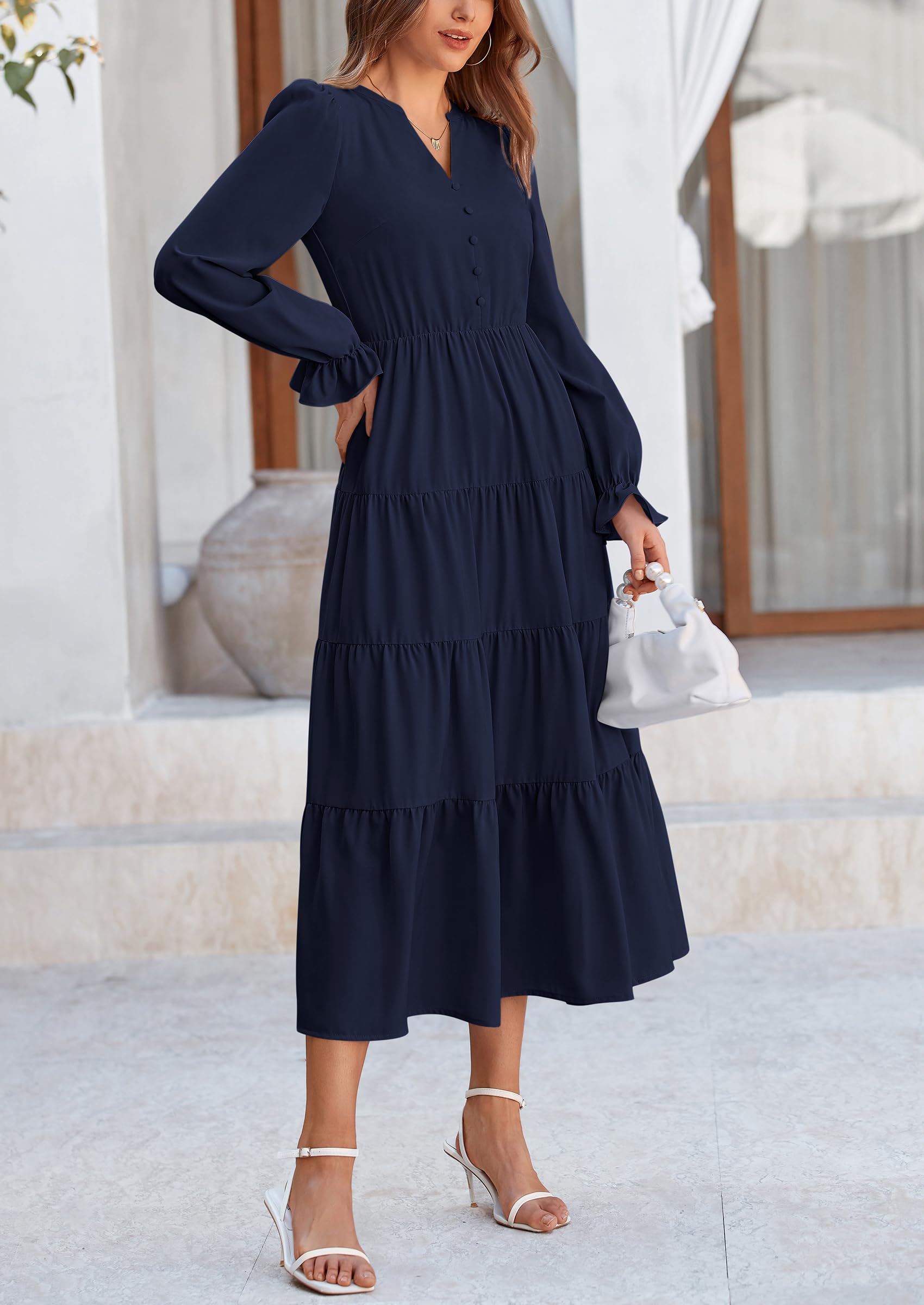 PRETTYGARDEN Women Fall Long Sleeve Smocked Maxi Dress Casual Square Neck Swiss Dot Tiered Ruffle Flowy Spring Pocket Dresses