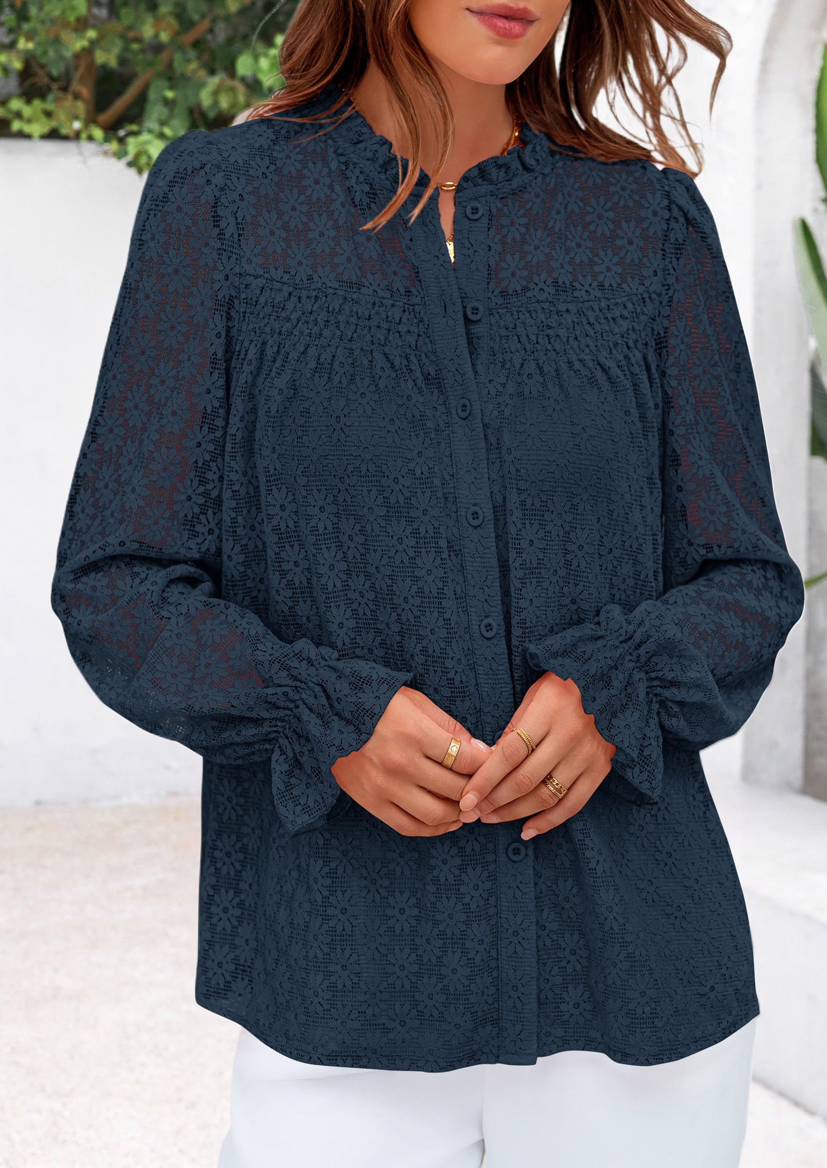 PRETTYGARDEN Lace Long Sleeve Tops for Women Eyelet Blouses Dressy Casual Hollow Out Button Down Shirts Summer Outfits