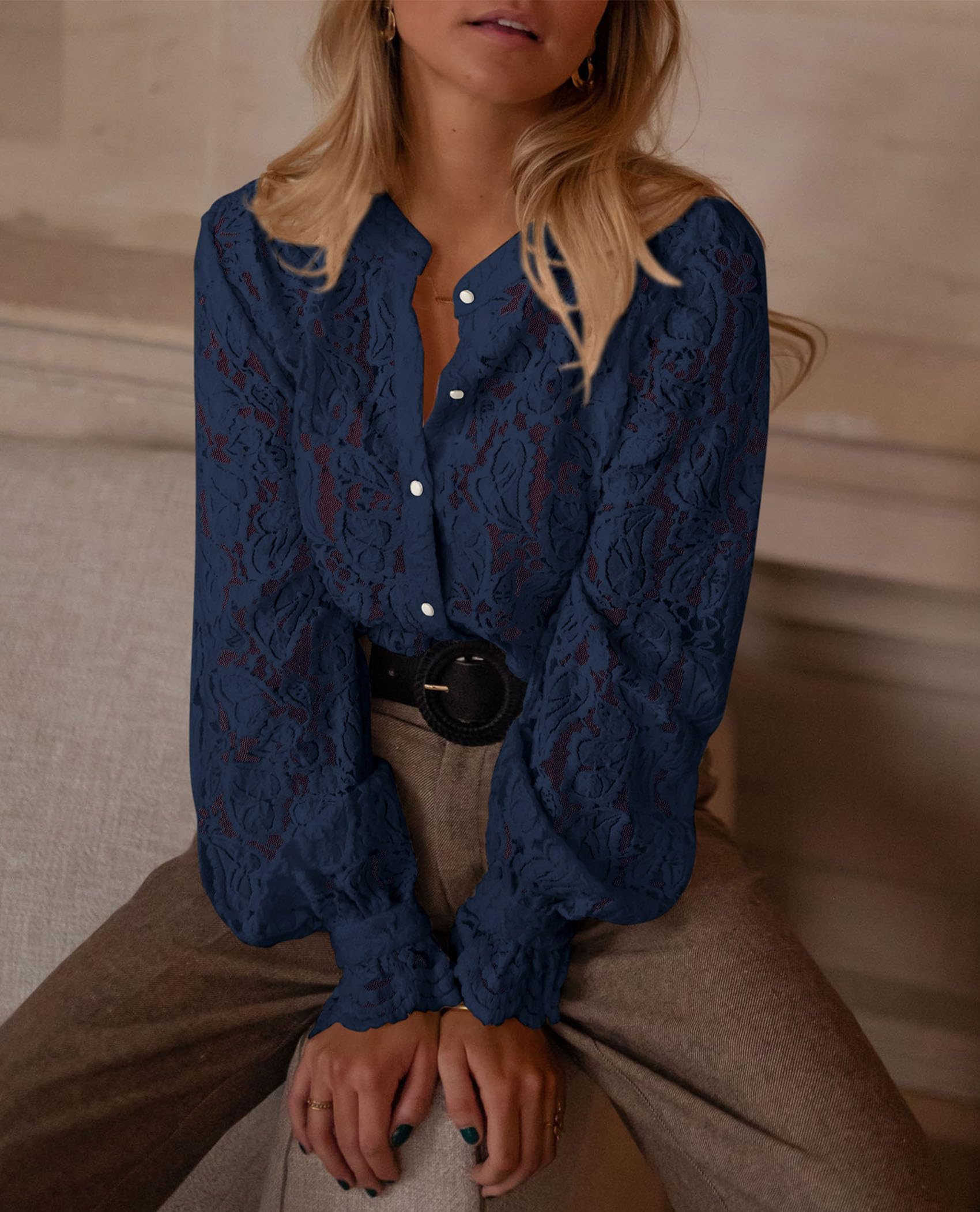 PRETTYGARDEN Women's Dressy Casual Lace Blouse Long Sleeve Button Up Shirts Tops Spring Fall Fashion Clothes