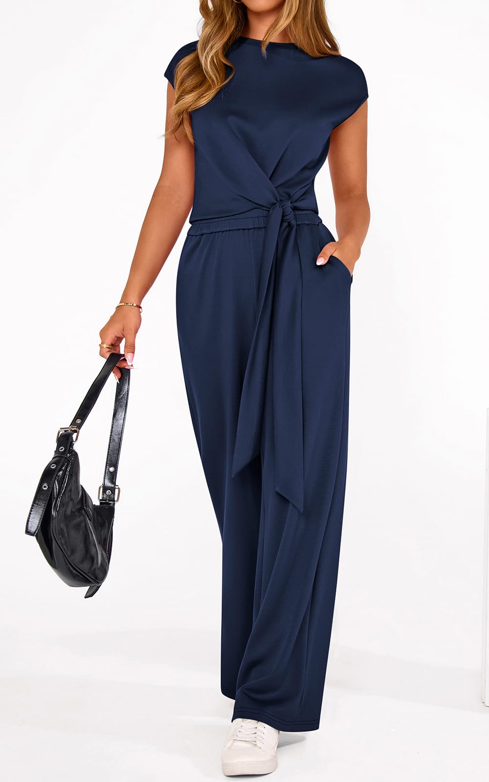 PRETTYGARDEN 2 Piece Matching Lounge Sets For Women Summer Short Sleeve Tie Front Crop Tops Casual Wide Leg Pants Tracksuit PRETTYGARDEN