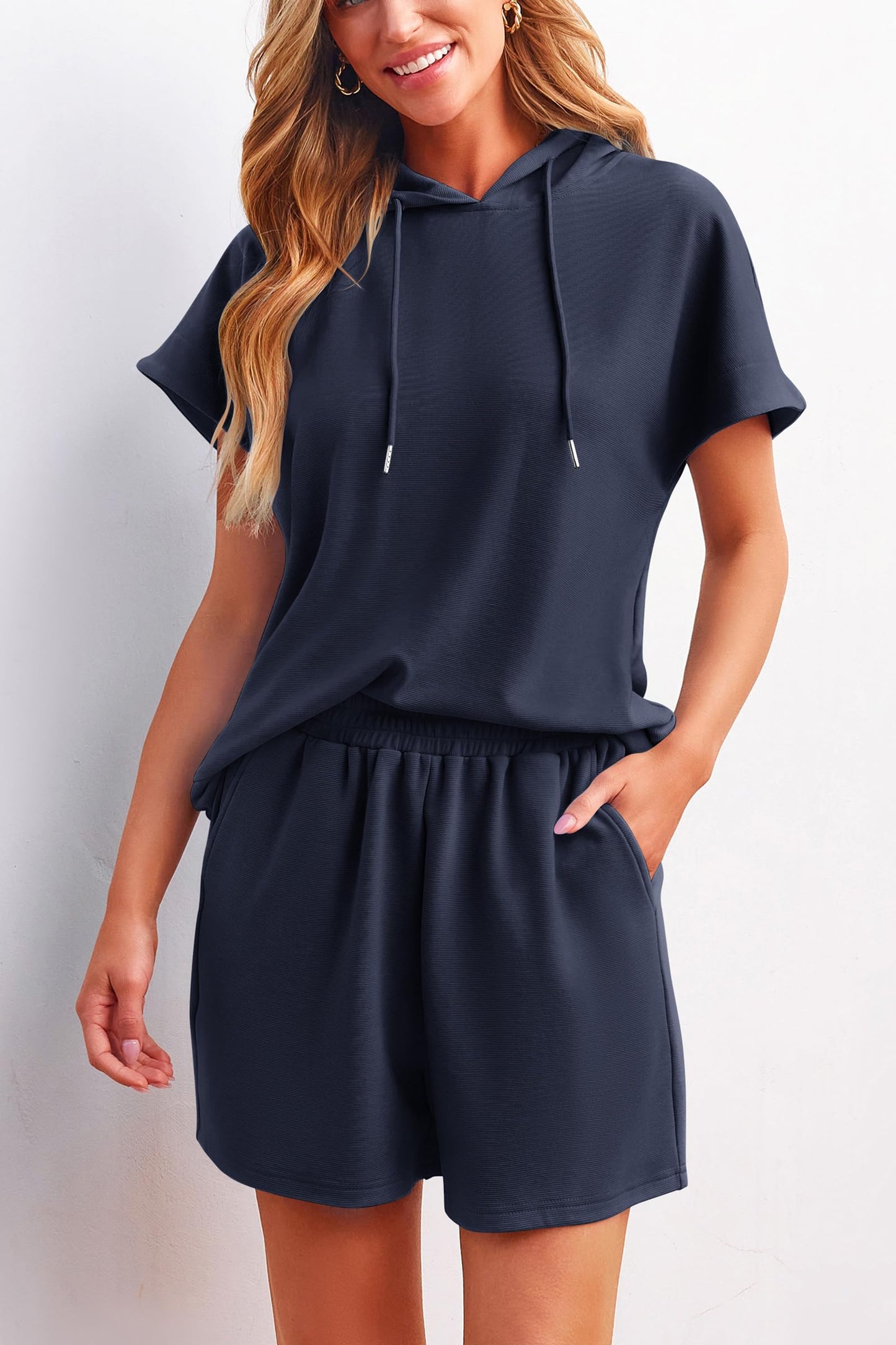 Cap Sleeve Hoodie Tops And Lounge Shorts Sweatsuit Set