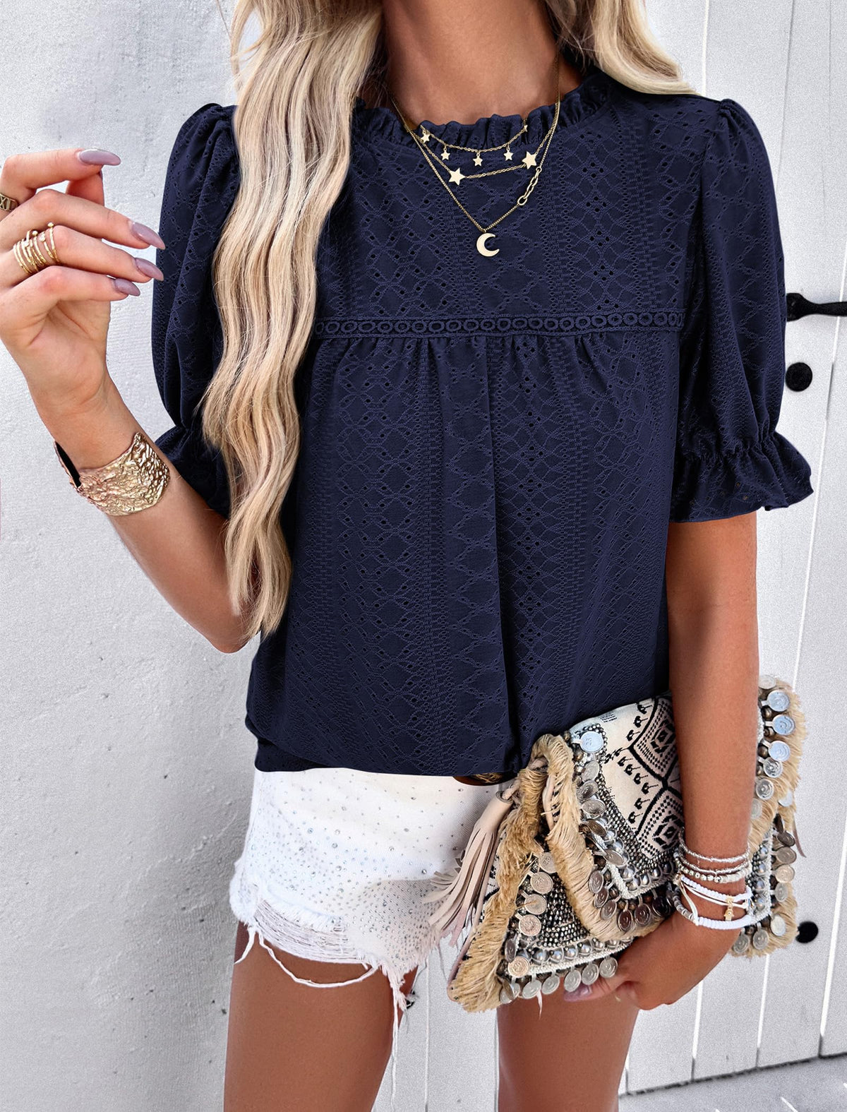 Casual Crew Neck Ruffle Short Sleeve Eyelet Babydoll Blouse