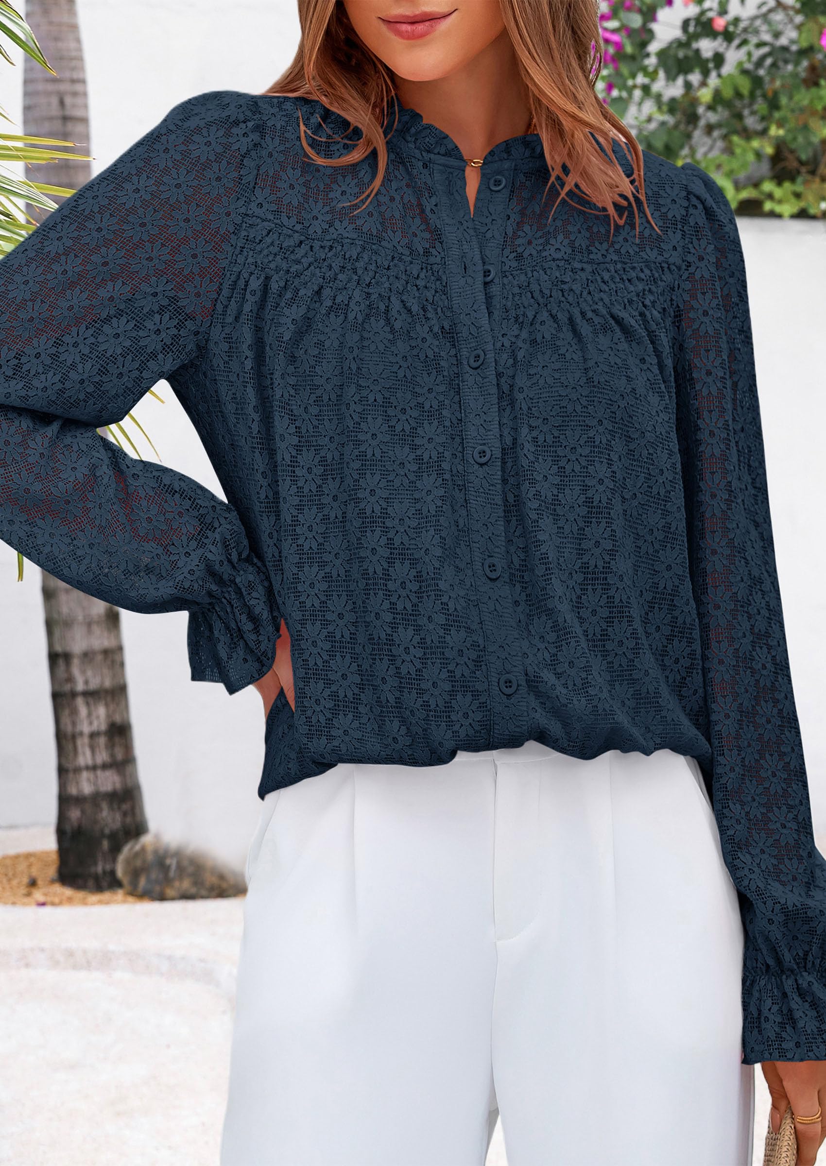 PRETTYGARDEN Lace Long Sleeve Tops for Women Eyelet Blouses Dressy Casual Hollow Out Button Down Shirts Summer Outfits