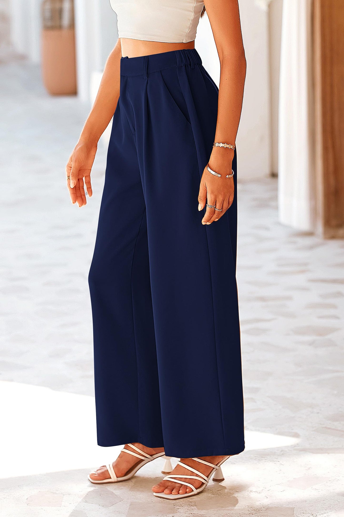 Causal Wide Leg Pants High Elastic Waisted Long Work Office Suit Pants