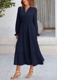 PRETTYGARDEN Women Fall Long Sleeve Smocked Maxi Dress Casual Square Neck Swiss Dot Tiered Ruffle Flowy Spring Pocket Dresses