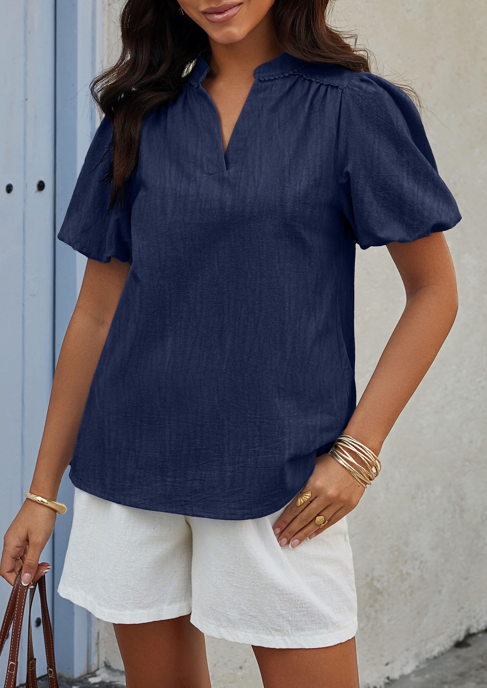 PRETTYGARDEN Womens Casual Summer Tops V Neck Short Puff Sleeve Pleated Cotton T Shirts Loose Dressy Blouses