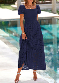 PRETTYGARDEN Dresses for Women Eyelet Square Neck Puff Sleeve Smocked Wedding Guest Maxi Dress with Pockets