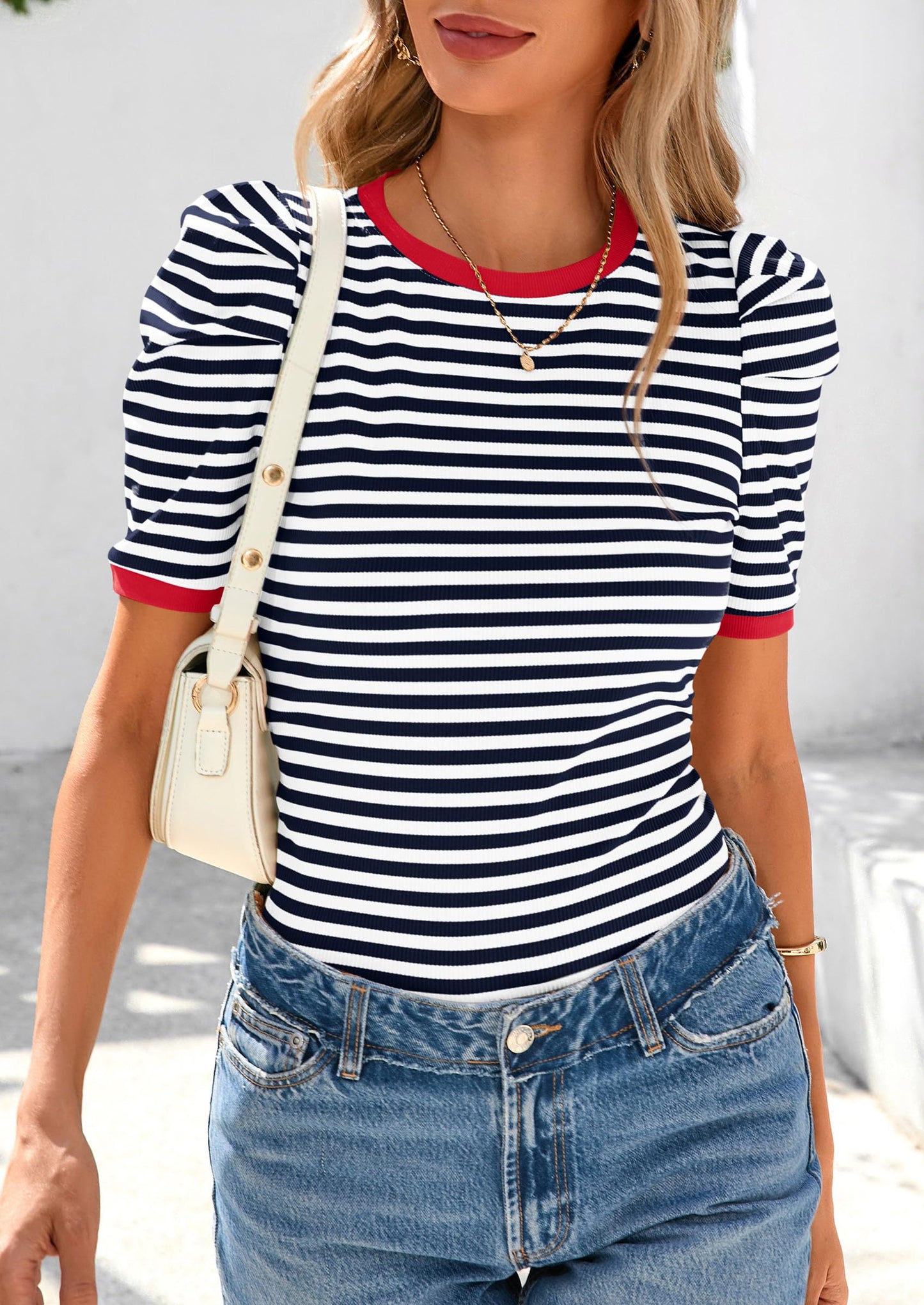 Women's Summer Puff Sleeve Tops Casual Ribbed Knit Color Block T Shirts Trendy Striped Pullover Tops