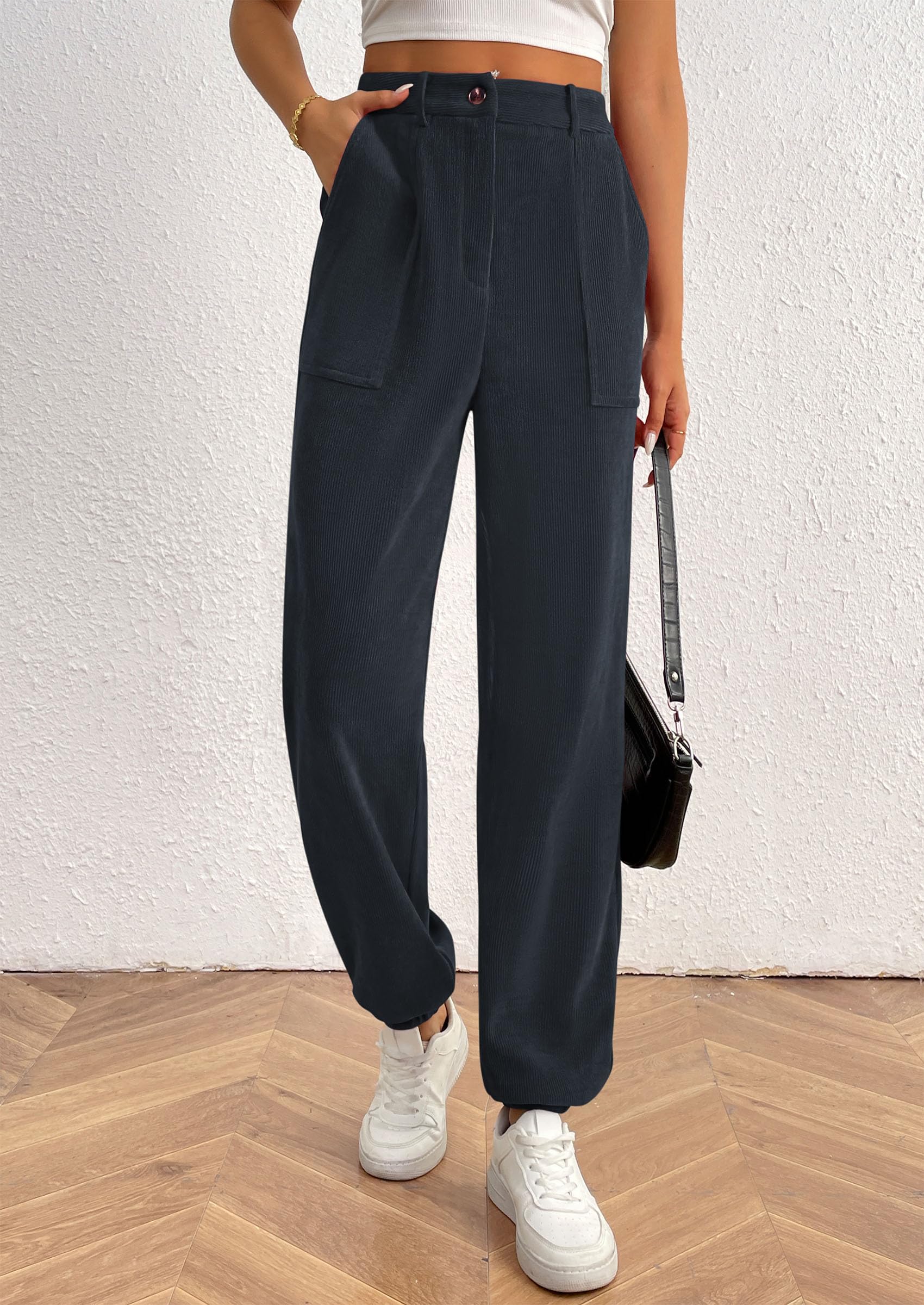 PRETTYGARDEN Women's Pants Dressy Casual Fall Elastic High Waisted Work Office Corduroy Trouser Slacks with Pockets