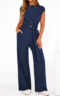 PRETTYGARDEN 2 Piece Matching Lounge Sets For Women Summer Short Sleeve Tie Front Crop Tops Casual Wide Leg Pants Tracksuit PRETTYGARDEN