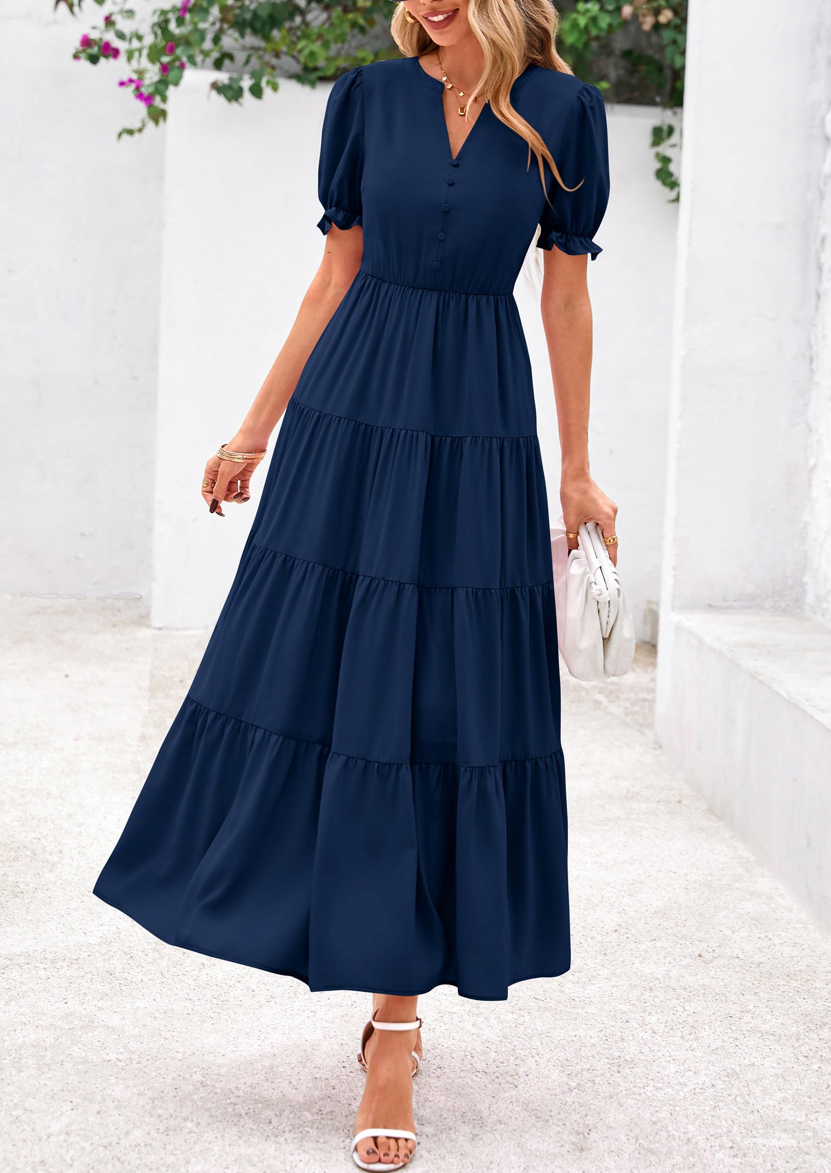 PRETTYGARDEN Women's Casual Short Sleeve V Neck Midi Dresses Spring A-line Tiered Wedding Guest Dress