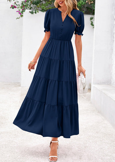 PRETTYGARDEN Women's Casual Short Sleeve V Neck Midi Dresses Spring A-line Tiered Wedding Guest Dress