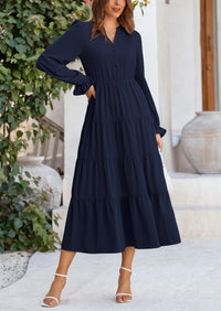 PRETTYGARDEN Women Fall Long Sleeve Smocked Maxi Dress Casual Square Neck Swiss Dot Tiered Ruffle Flowy Spring Pocket Dresses