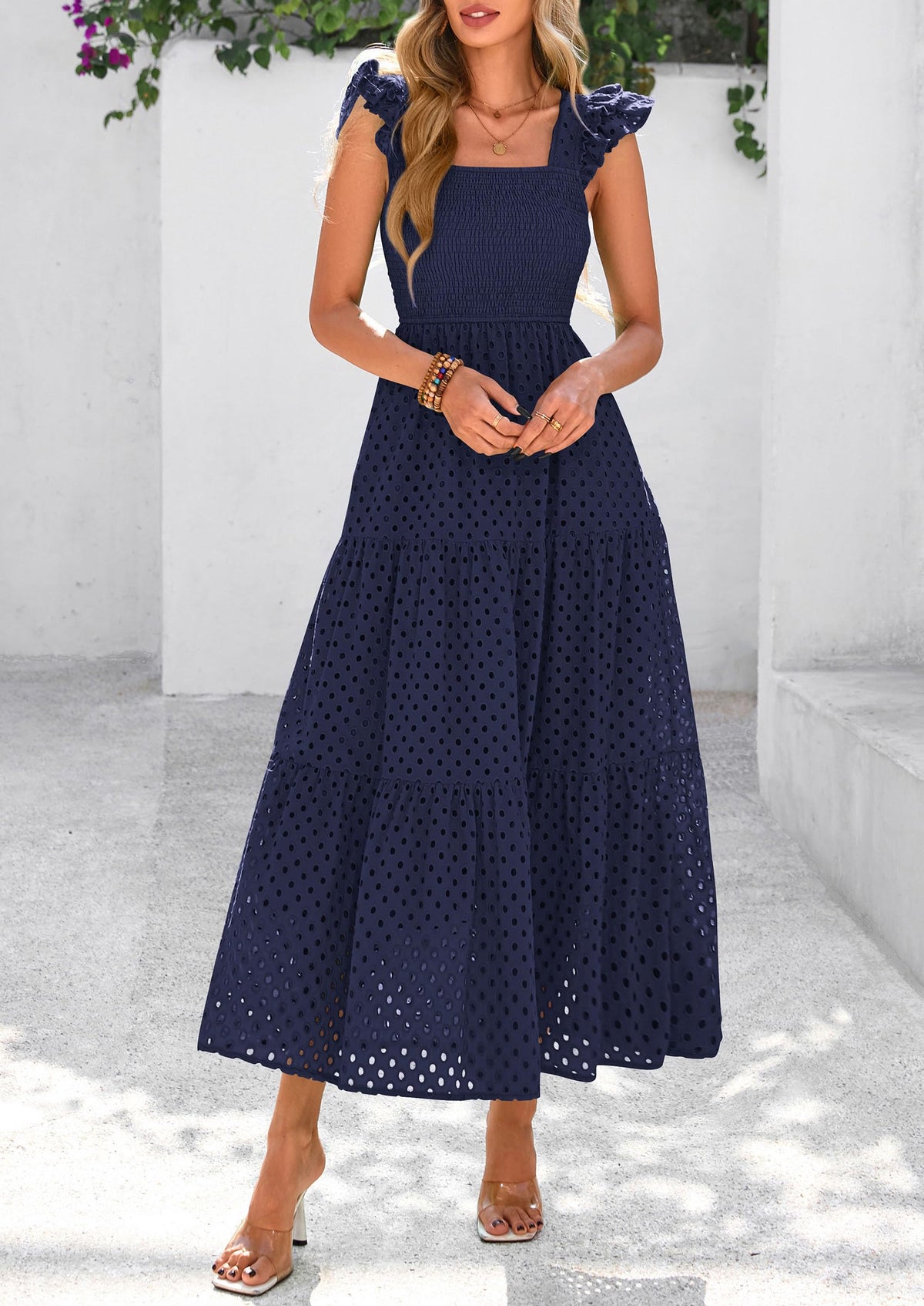 Womens Summer Square Neck Maxi Dresses Cap Sleeve Eyelet Smocked Tiered A Line Flowy Long Dress with Pockets