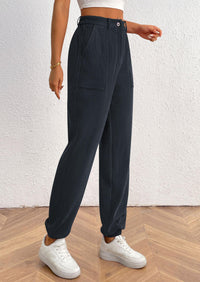 Women's Dressy Casual Pants Elastic High Waisted Work Office Corduroy Trouser Slacks with Pockets