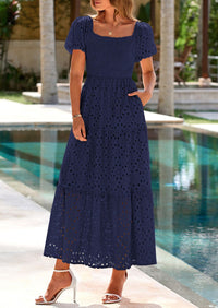 PRETTYGARDEN Dresses for Women Eyelet Square Neck Puff Sleeve Smocked Wedding Guest Maxi Dress with Pockets