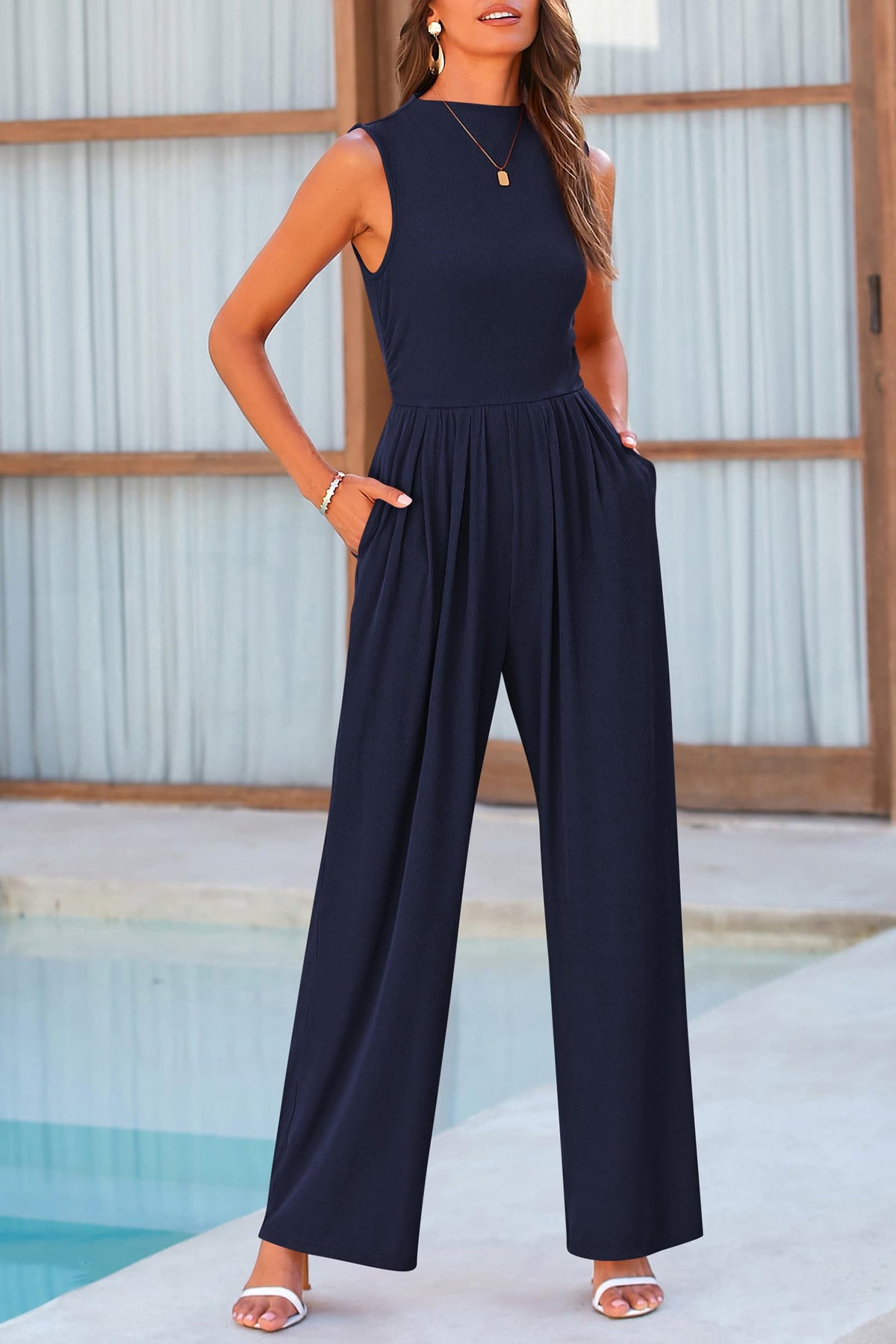 Sleeveless Mock Neck Wide Leg Jumpsuits With Pockets