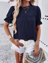 Casual Crew Neck Ruffle Short Sleeve Eyelet Babydoll Blouse