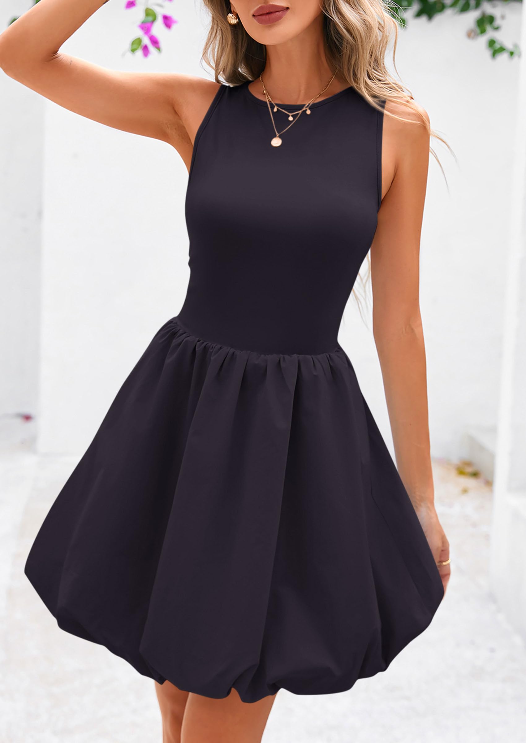 PRETTYGARDEN Summer Dresses for Women Casual Sleeveless Tank Mini Short Dress Crew Neck Bubble Sundress with Pockets