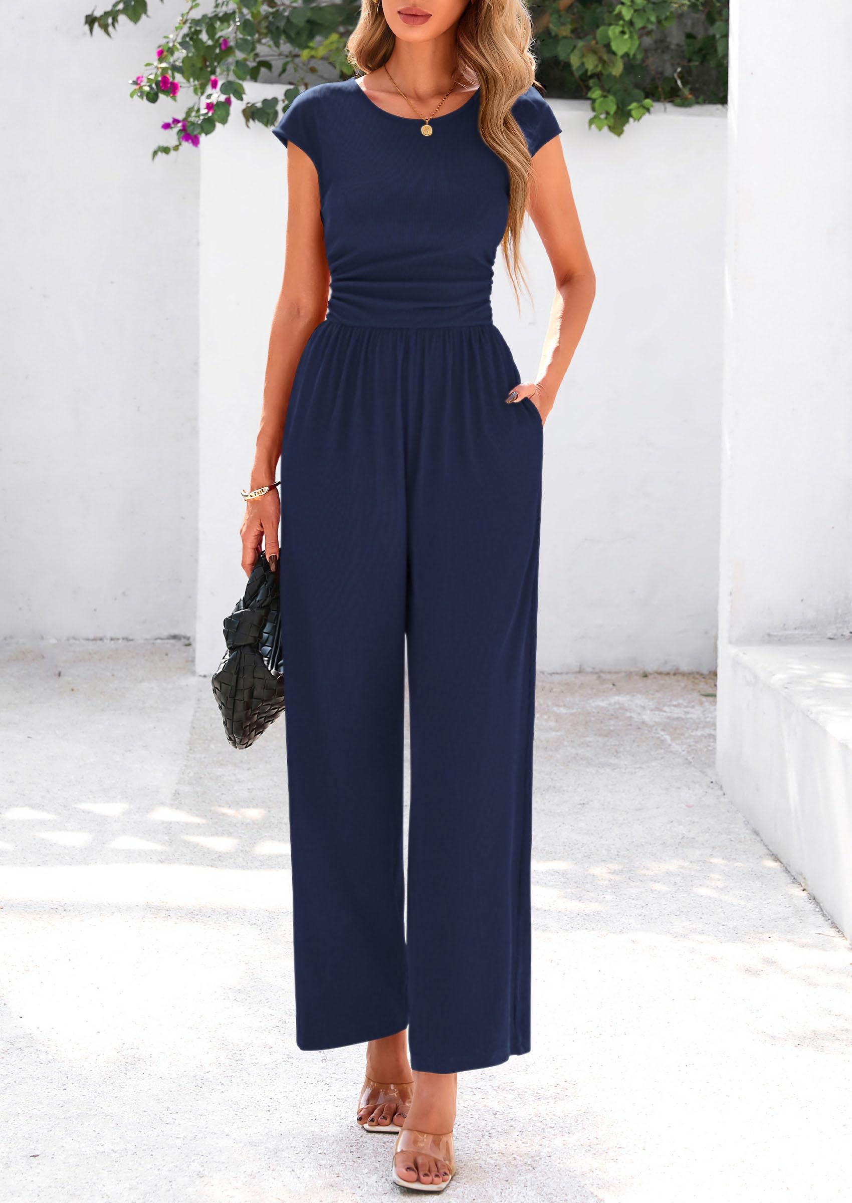 PRETTYGARDEN Summer Jumpsuits Ribbed Cap Sleeve Wide Leg Pants Women's Rompers Elegant Casual Trendy Vacation Outfits
