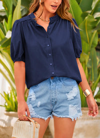 Summer Button Down Short Lantern Sleeve V Neck Cotton Tops