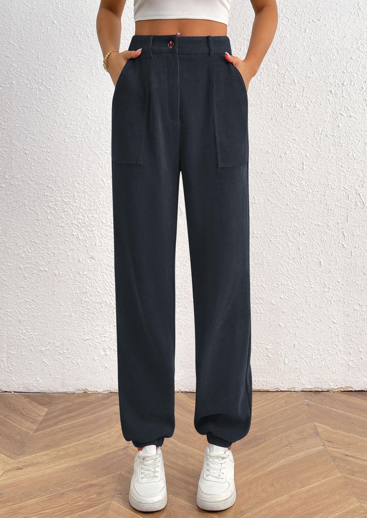 Women's Dressy Casual Pants Elastic High Waisted Work Office Corduroy Trouser Slacks with Pockets